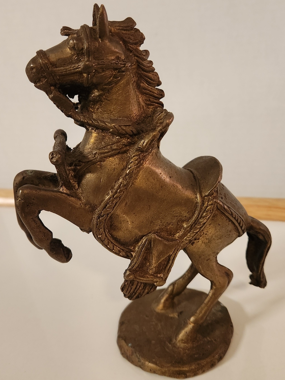 Vintage Patinated Brass Rearing Horse Statue, Detailed Saddle Equestrian Decor